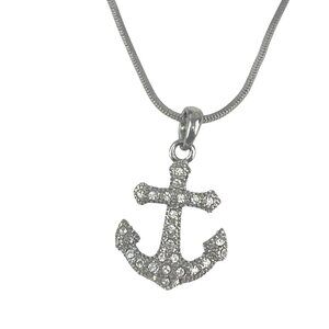 Anchor Pendant Necklace With Rhinestones On Silver-Tone Chain